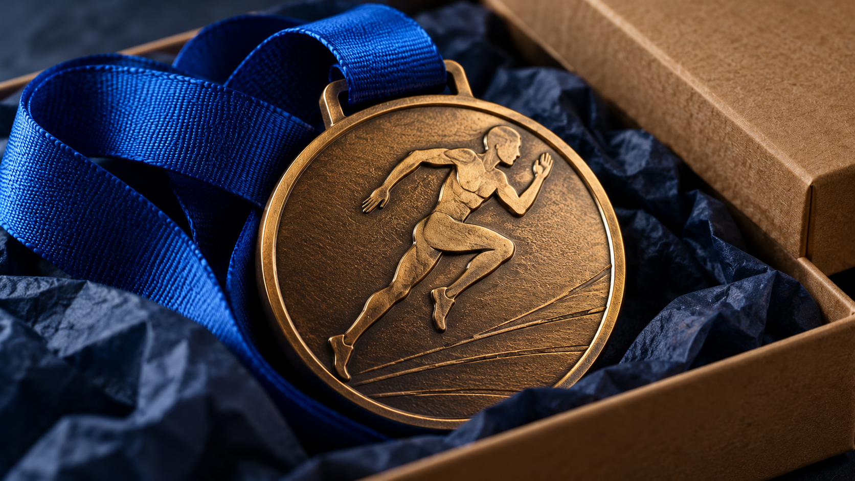 Ilustração em close de medalha de corrida com fita azul, papel de seda e embalagem para envio.