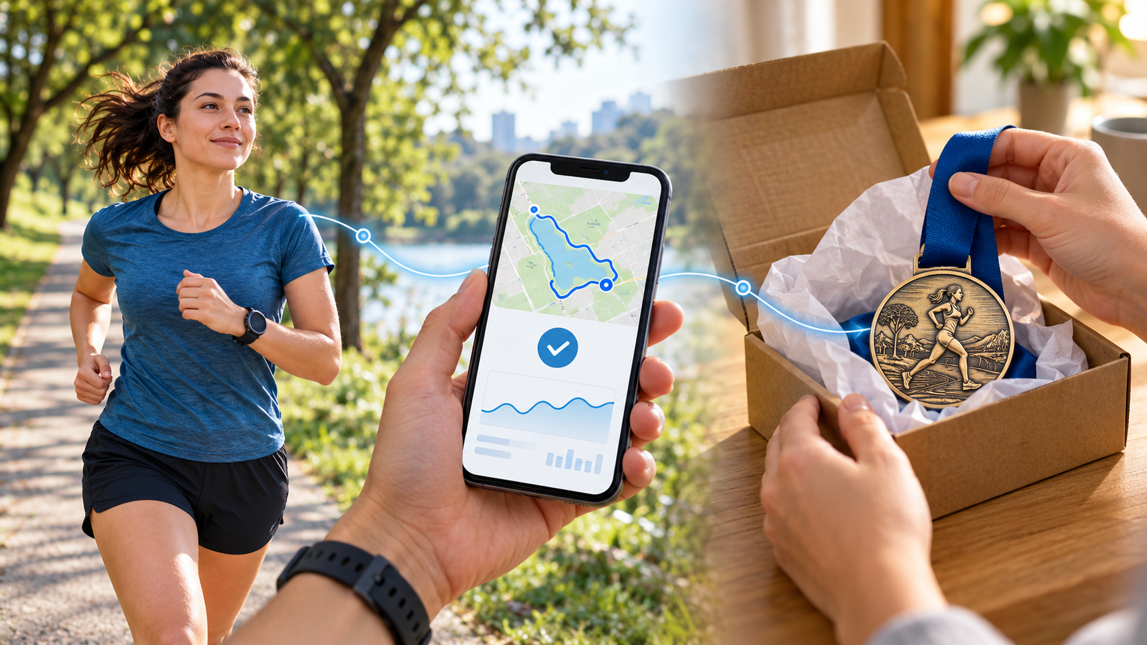 Ilustração de uma atleta correndo, registro da atividade no celular e recebimento de uma medalha em casa.